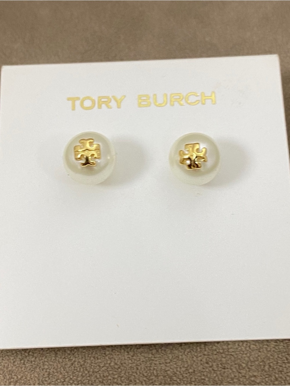 Tory Burch Pearl Button Stud Earrings with Gold Logo